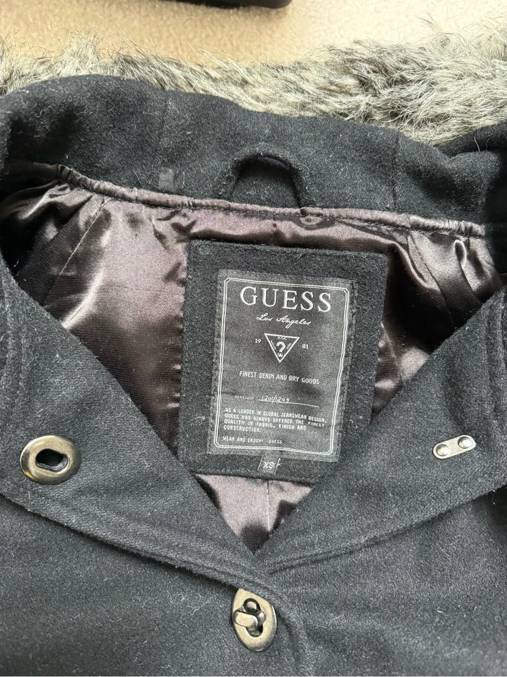 GUESS Black Wool Blend Winter Coat with Faux Fur Trim - Size XS